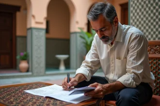 Homme marocain comparant des annonces immobilières pour acheter un appartement à Marrakech dans un riad traditionnel