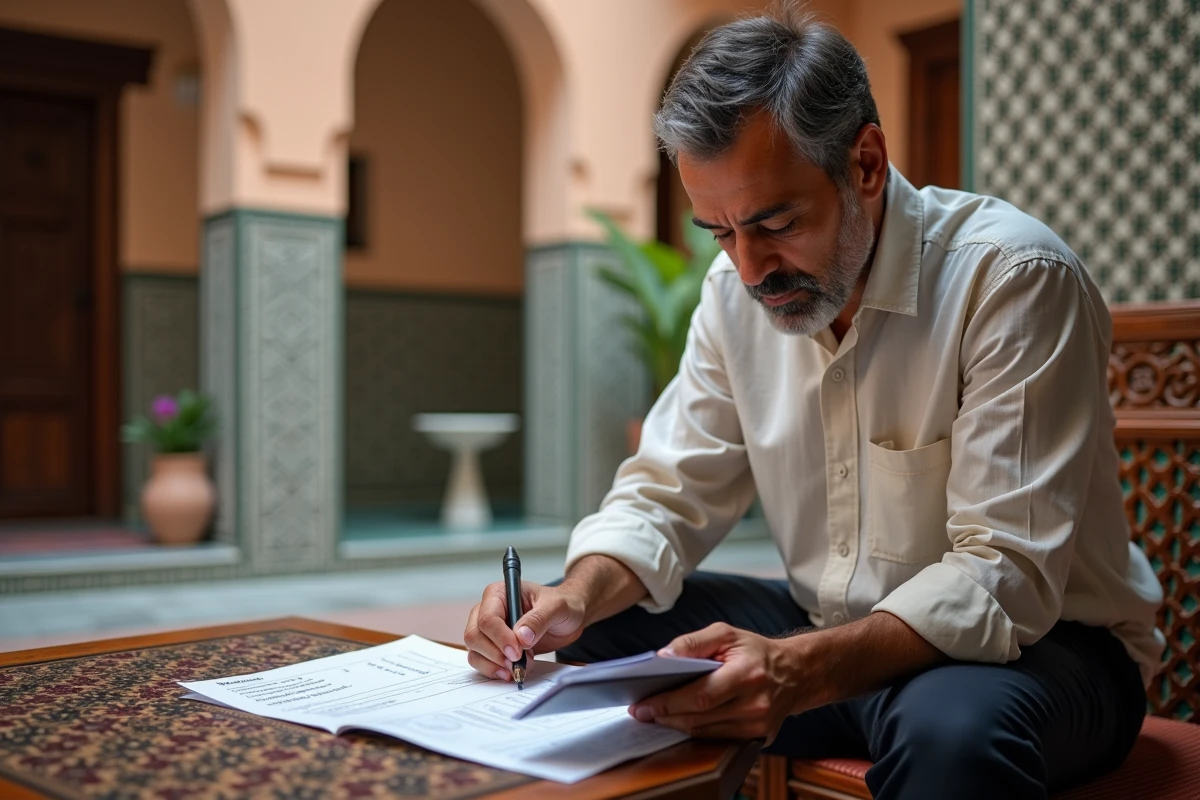 Homme marocain comparant des annonces immobilières pour acheter un appartement à Marrakech dans un riad traditionnel