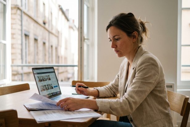 Jeune femme étudiant des documents immobiliers pour acheter son premier appartement à Lyon