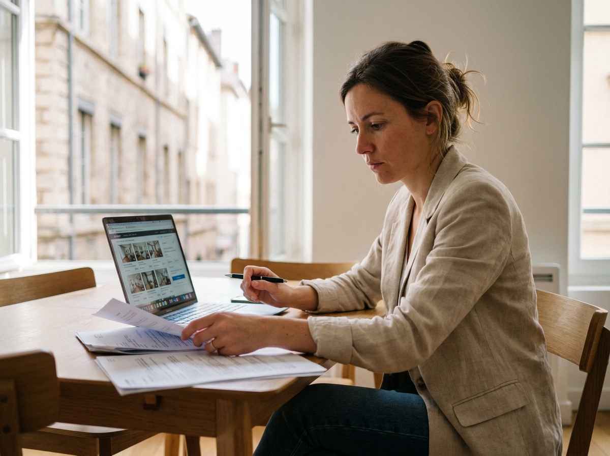 Jeune femme étudiant des documents immobiliers pour acheter son premier appartement à Lyon