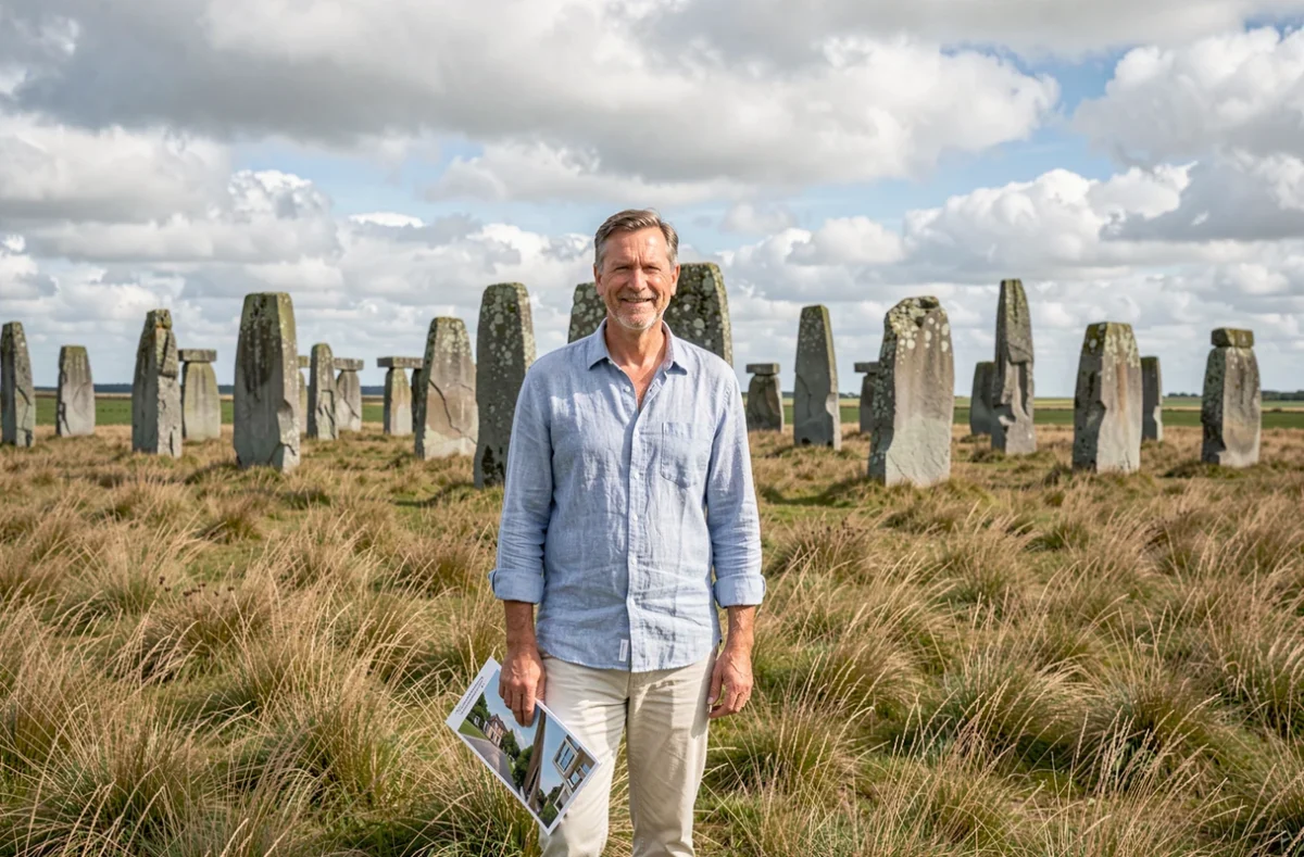 Agent d'Acovea Immobilier Carnac près des alignements mégalithiques de Carnac avec les menhirs en arrière-plan