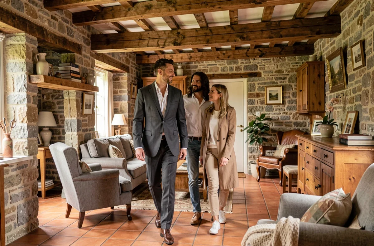 Agent d'AFM Immobilier faisant visiter une ferme bretonne rénovée avec poutres apparentes à des acheteurs