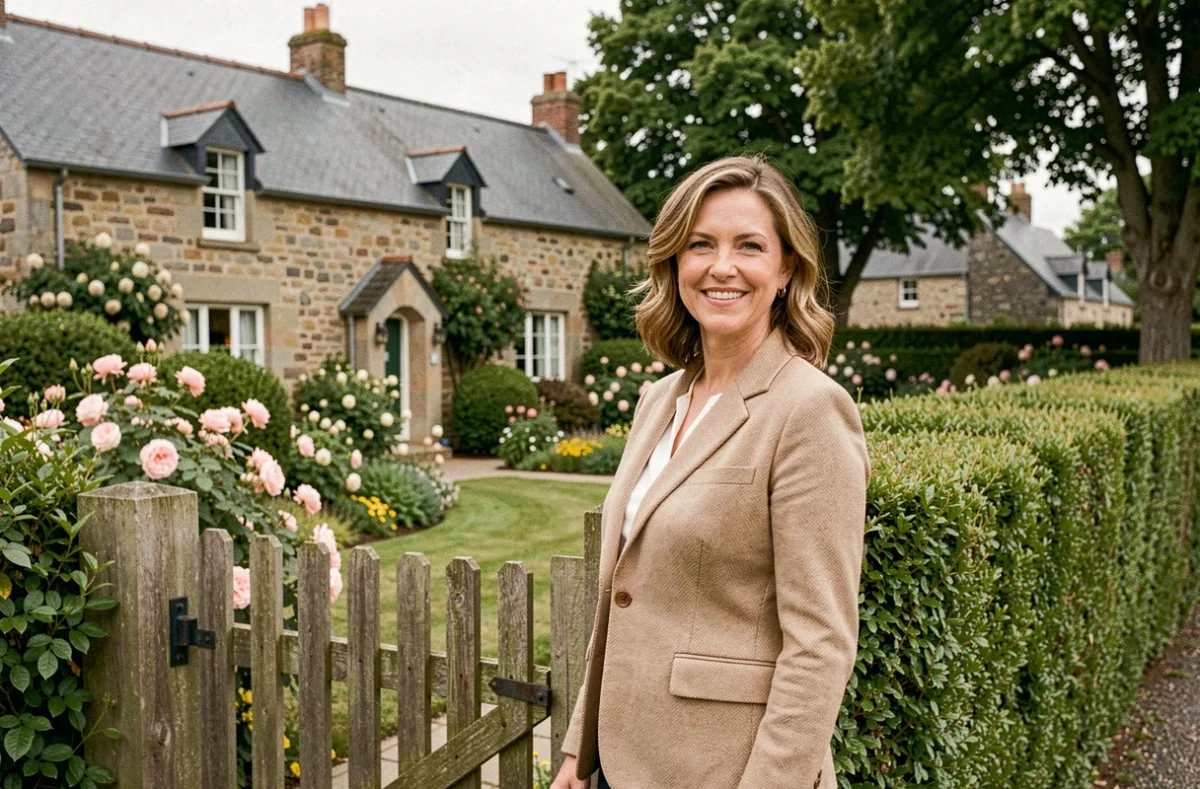 Agente immobilière de l'Agence Clos Salomon devant une propriété bretonne avec jardin fleuri