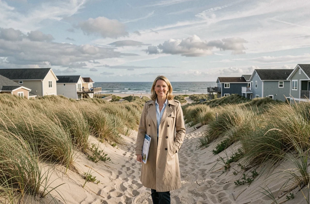 Agente de l'Agence Damgan Immobilier sur un chemin de plage à Damgan avec les dunes et la côte atlantique