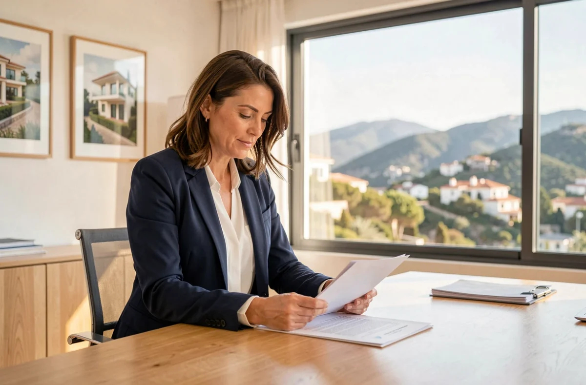 Agente immobilière professionnelle dans une agence moderne des Alpes-Maritimes avec vue sur la Côte d'Azur