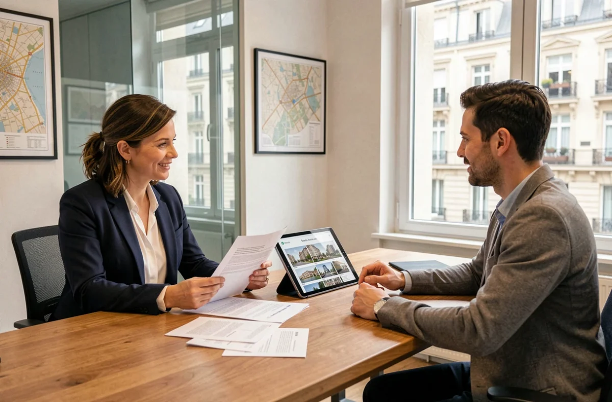 Conseillère immobilière présentant des offres à un couple dans une agence parisienne du 10e arrondissement