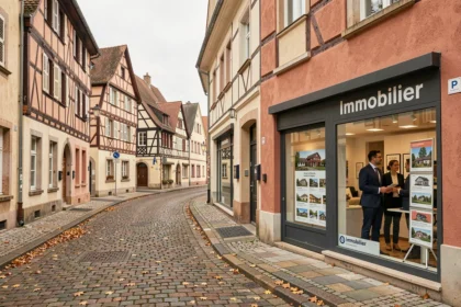 Vitrine d'une agence immobilière dans une rue pittoresque du Grand Est avec architecture alsacienne et façades à colombages