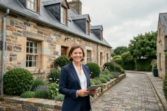 Agent immobilière souriante devant une maison en pierre bretonne typique du Morbihan