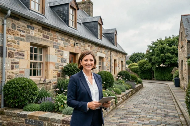 Agent immobilière souriante devant une maison en pierre bretonne typique du Morbihan