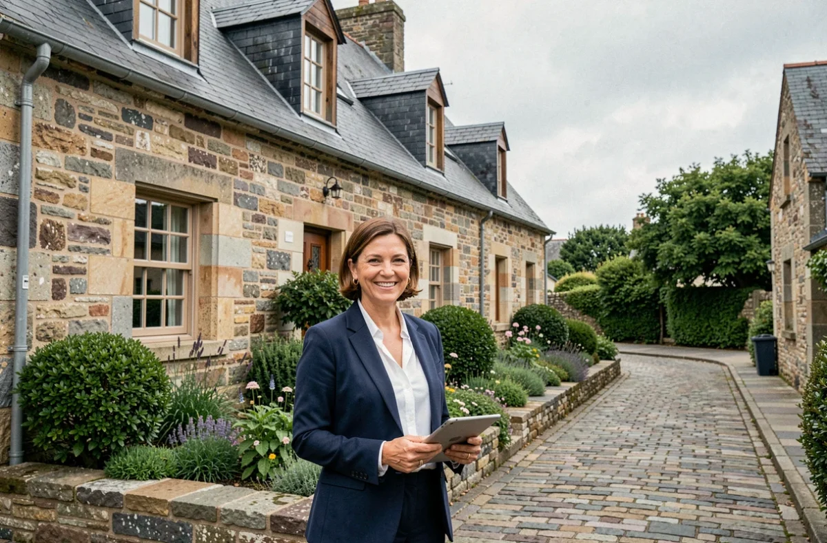 Agent immobilière souriante devant une maison en pierre bretonne typique du Morbihan