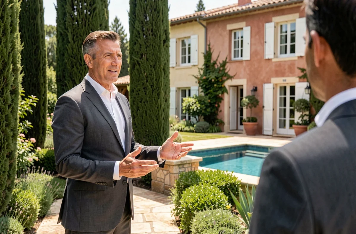 Agent Arthaud Immobilier présentant une villa de luxe provençale à un acheteur lors d'une visite privée