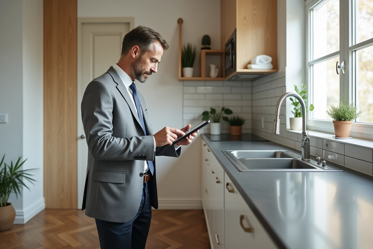 Agent immobilier utilisant une application d'estimation sur tablette lors d'une visite d'appartement rénové