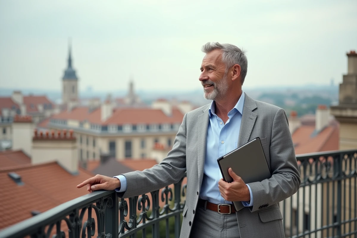 Agent immobilier sur un balcon lyonnais avec vue urbaine