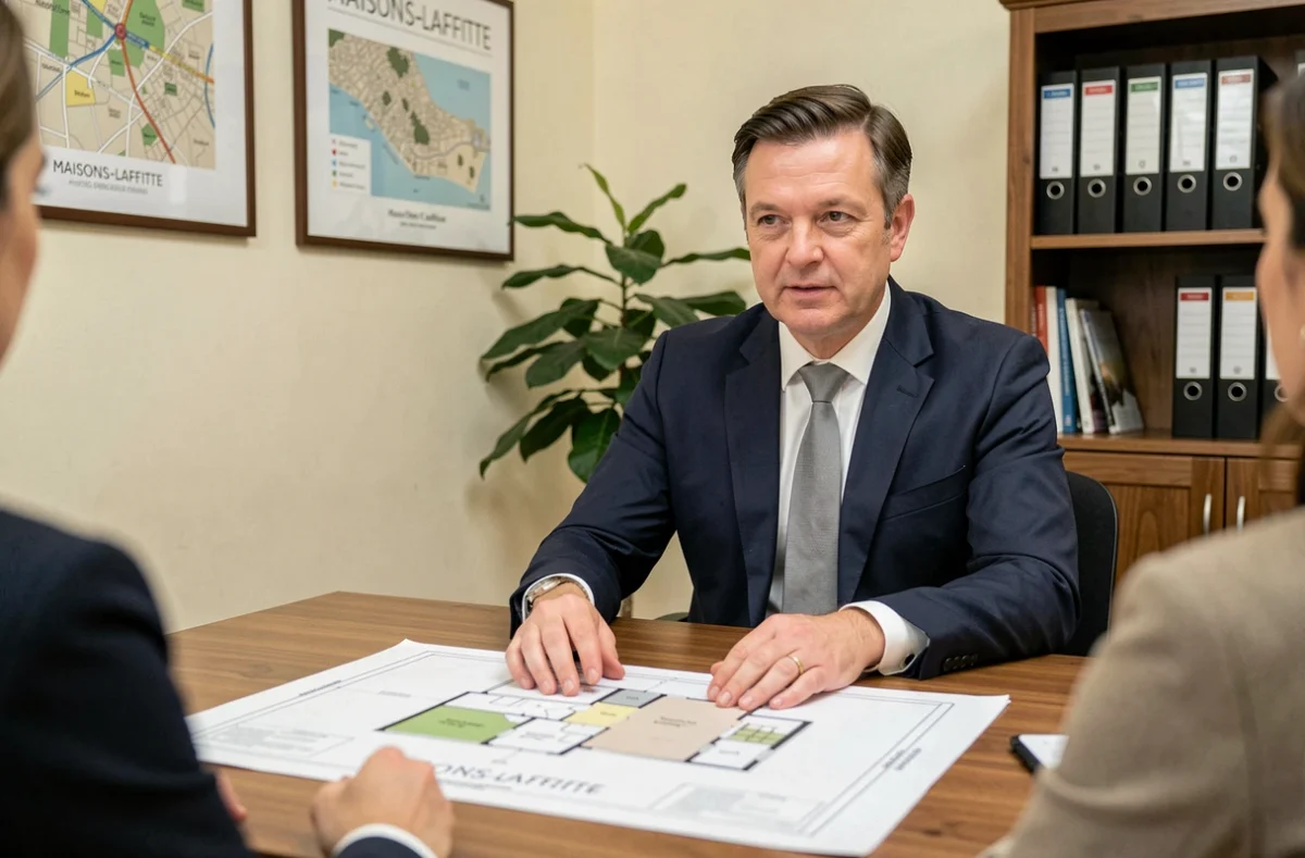 Agent immobilier présentant des plans de propriété dans une agence à Maisons-Laffitte