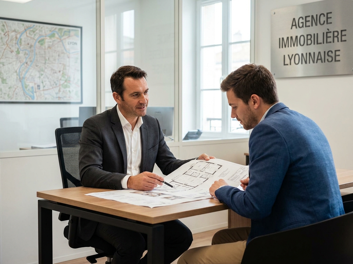 Agent immobilier expliquant un plan d'appartement à un primo-accédant dans une agence lyonnaise