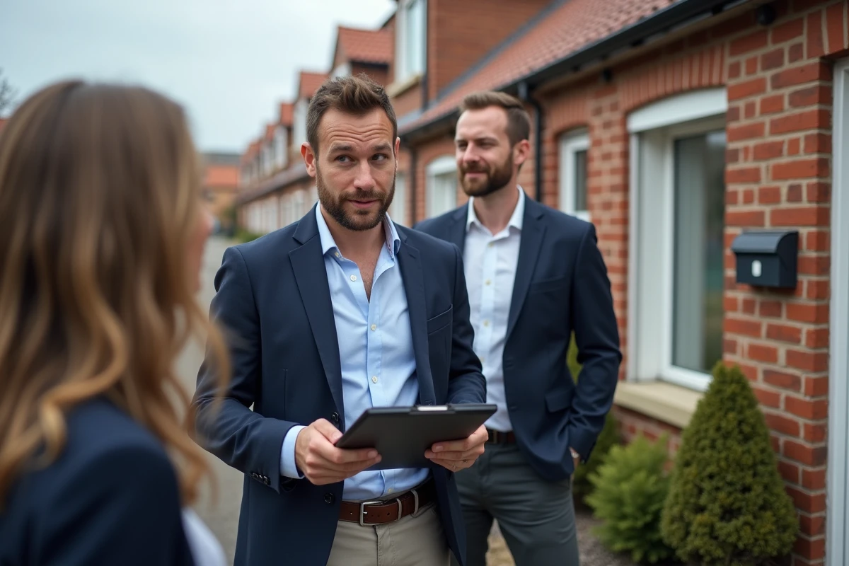 Agent immobilier parlant avec un couple devant une maison moderne