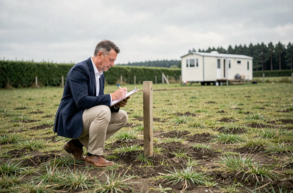 Agent immobilier estimant la valeur d'un terrain avec mobil-home lors d'une visite d'expertise