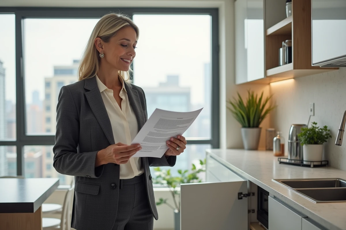 Agent immobilier présentant un rapport d'inspection de plomberie PVC lors d'une estimation immobilière