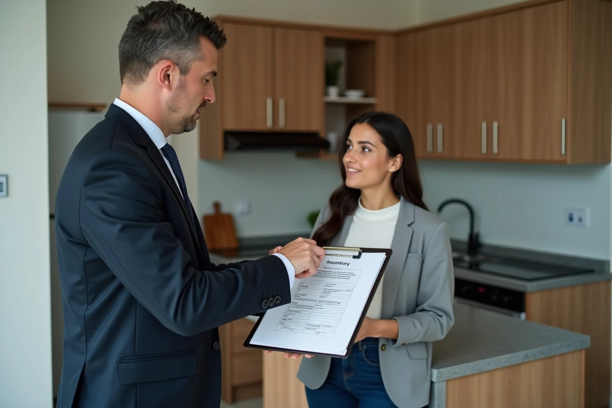 Agent immobilier présentant la liste d'inventaire d'un logement meublé à une locataire lors d'un état des lieux