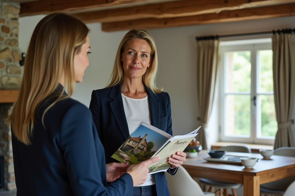 Agent immobilier présentant une annonce de maison normande à un acheteur potentiel
