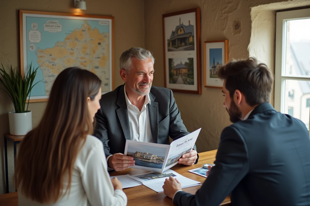 Agent immobilier présentant des brochures de maisons et appartements normands à un couple en agence