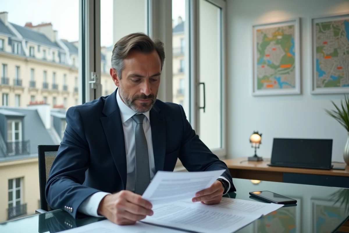 Agent immobilier Orpi Invest Immo analysant des documents dans un bureau parisien moderne avec vue sur les toits haussmanniens