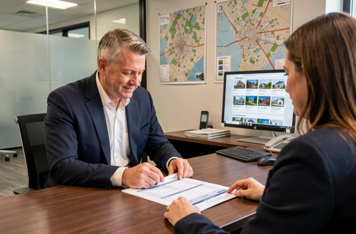Agent immobilier et propriétaire analysant un rapport d'estimation immobilière dans une agence
