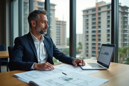 Agent immobilier analysant des documents de retour de lot neuf dans un bureau moderne avec vue sur un chantier résidentiel