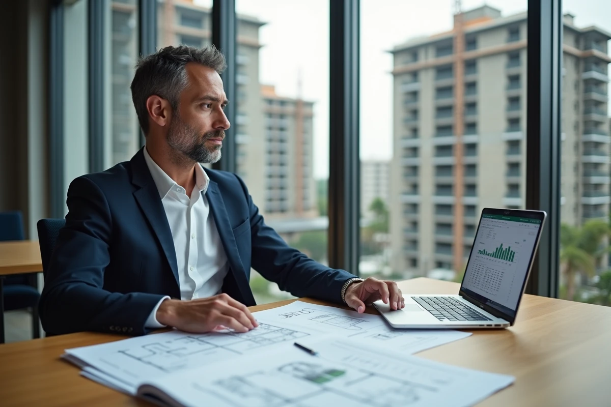 Agent immobilier analysant des documents de retour de lot neuf dans un bureau moderne avec vue sur un chantier résidentiel
