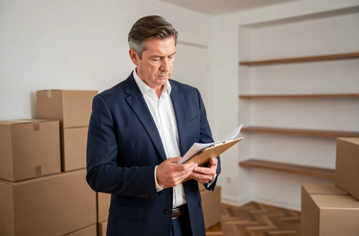 Agent immobilier tenant un dossier dans un salon avec cartons de déménagement, symbolisant une vente rapide cause divorce