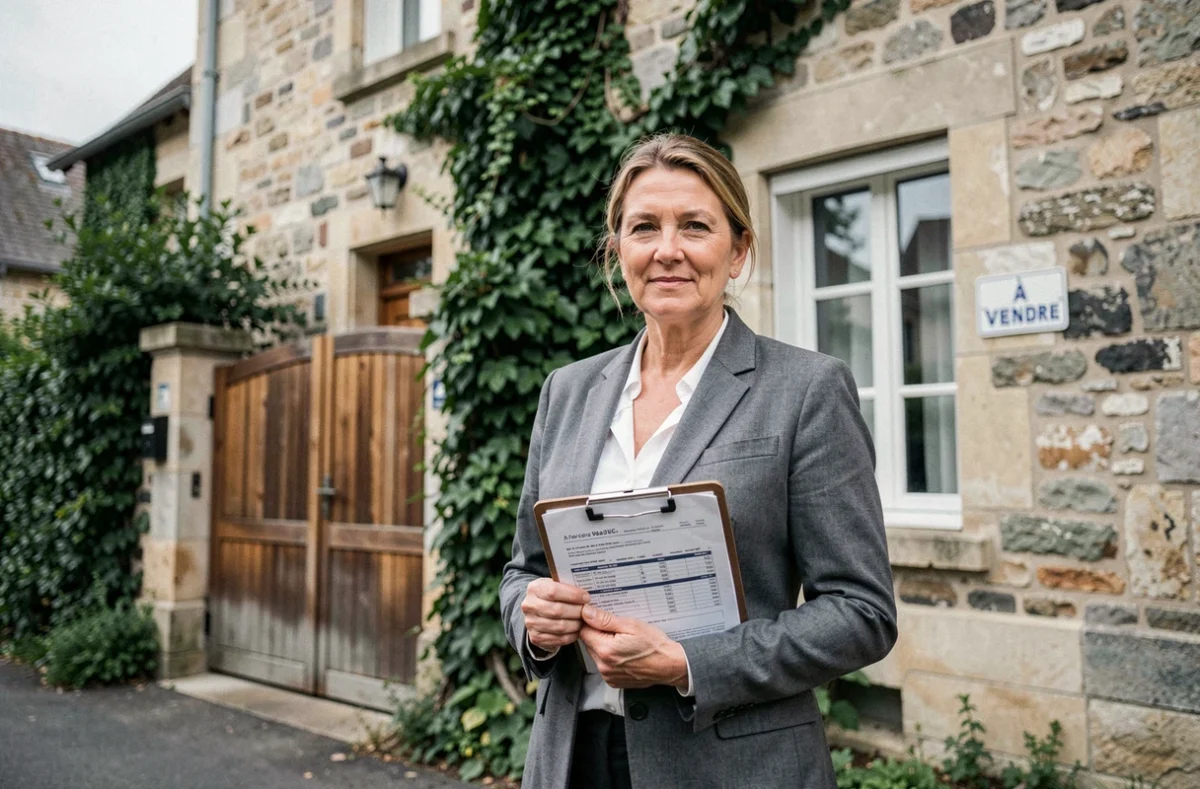 Agent immobilière devant une maison à vendre évaluant l'impact du forfait travaux sur la plus-value 2026
