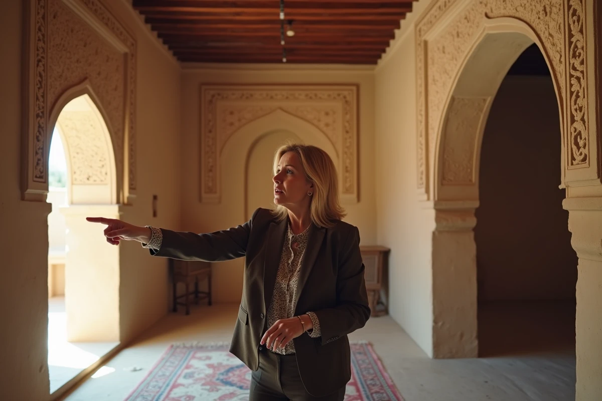 Agente immobilière marocaine présentant l'intérieur authentique d'une maison de la médina de Marrakech à vendre