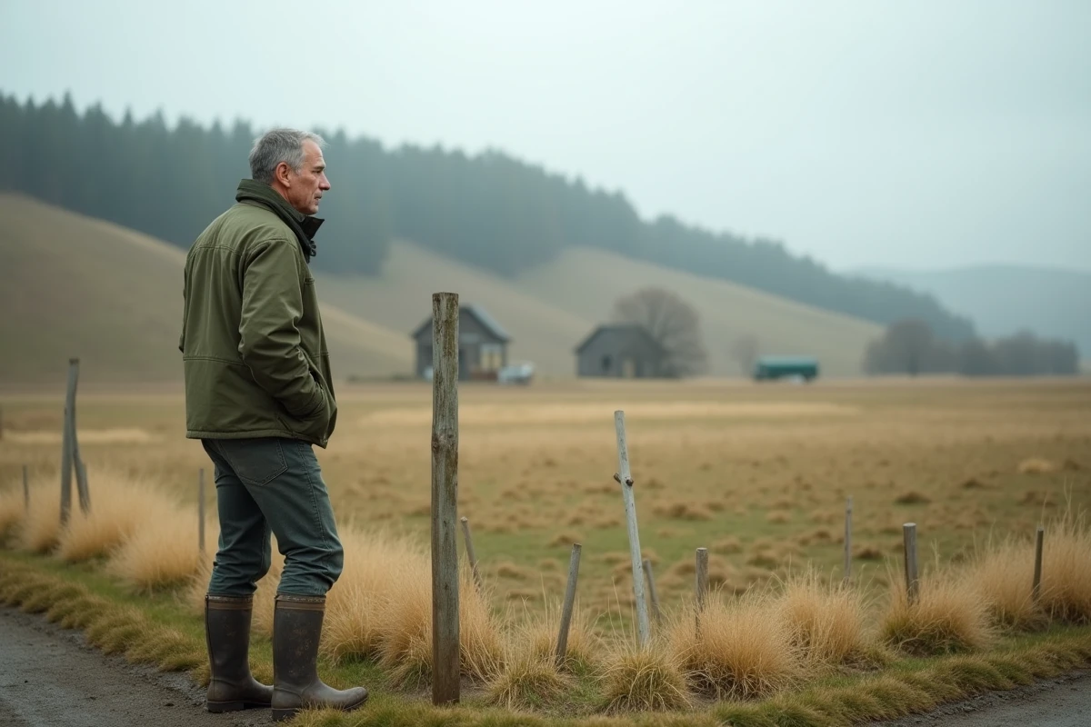 Agriculteur debout à la limite d'un hectare de terrain agricole, illustrant l'échelle réelle d'une parcelle d'un hectare
