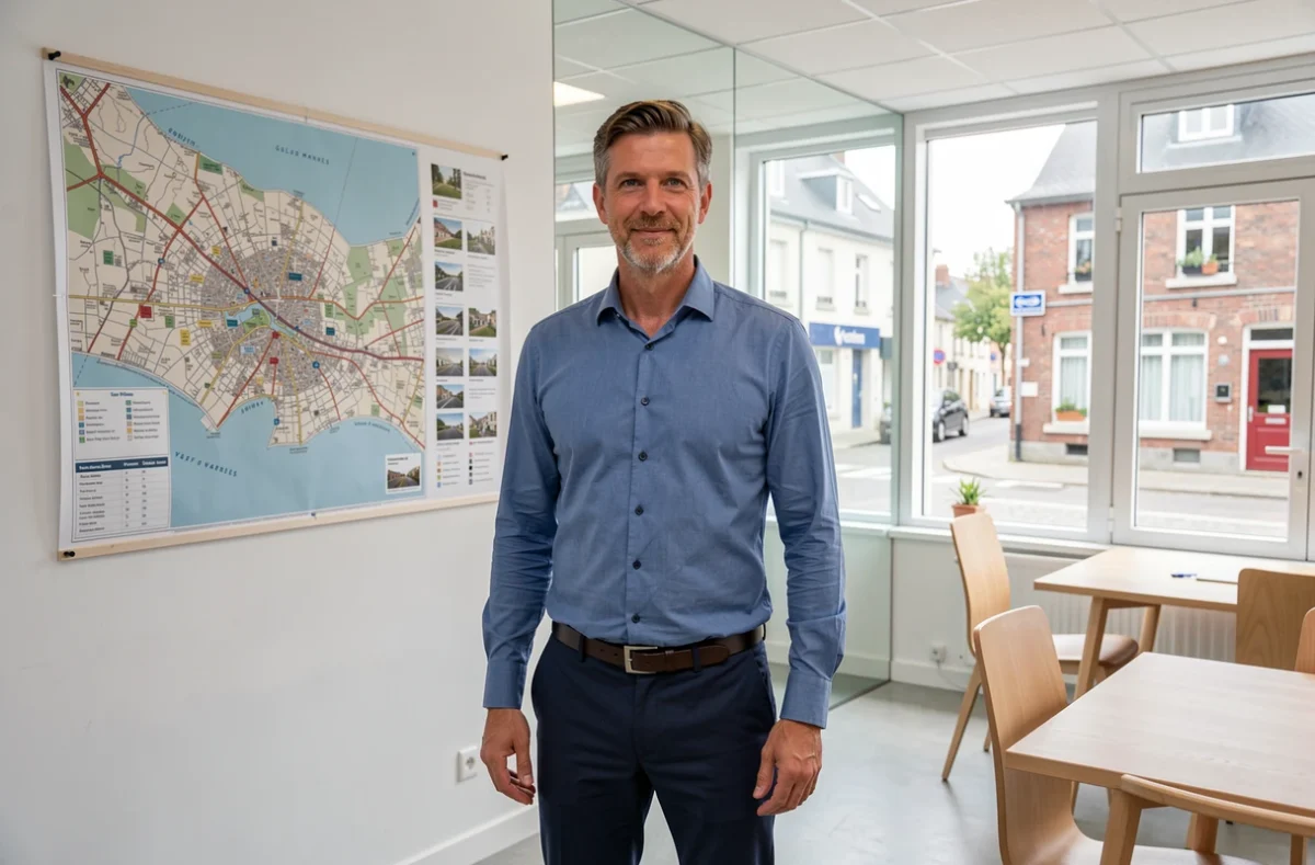 Agent d'AIM Immobilier Vannes dans les bureaux modernes de l'agence avec carte du Golfe du Morbihan