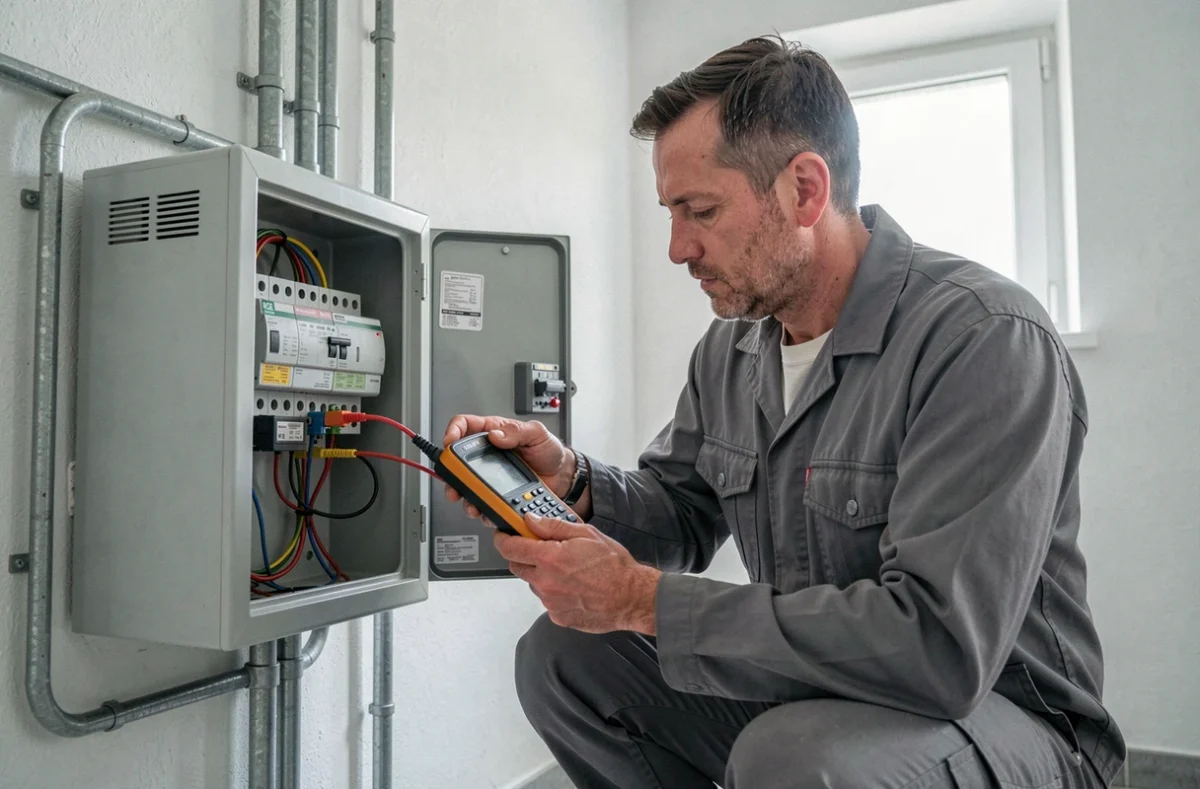Électricien RGE d'Alcom Elec en Alsace vérifiant un tableau électrique lors d'une rénovation énergétique résidentielle