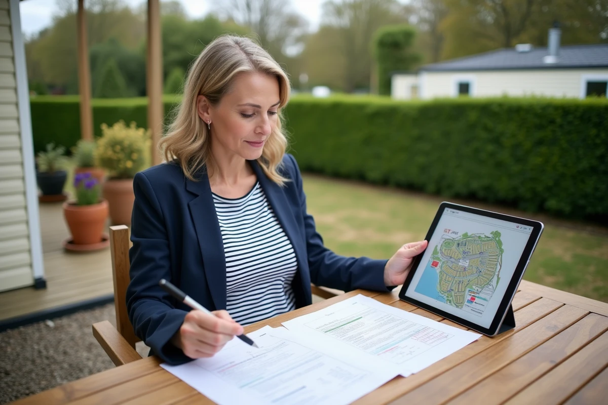 Femme analysant des documents d'achat de parcelle PRL sur la terrasse d'un mobil-home dans un parc résidentiel de loisirs