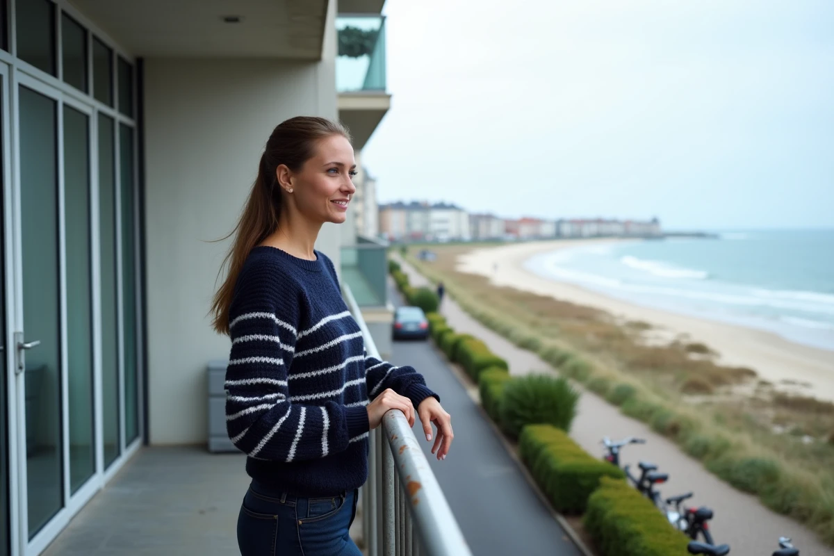 Femme sur le balcon d'un appartement en bord de mer en Normandie avec vue sur la côte