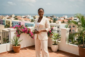 Femme élégante sur un toit-terrasse avec vue sur les quartiers résidentiels de Dakar