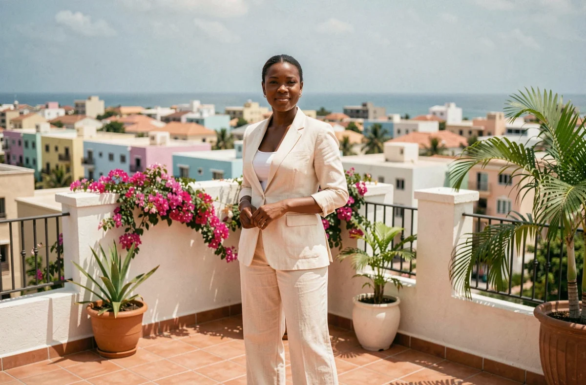 Femme élégante sur un toit-terrasse avec vue sur les quartiers résidentiels de Dakar