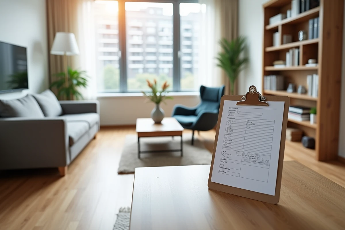 Appartement meublé avec liste d'inventaire sur presse-papiers posée sur la table basse lors d'un état des lieux