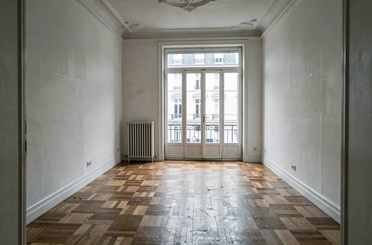 Appartement vacant non meublé dans un immeuble haussmannien illustrant la problématique des logements vides soumis à la taxe
