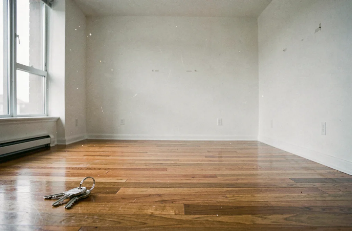 Appartement vide non loué avec parquet et fenêtres, illustrant la nécessité d'une assurance logement vacant