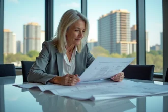 Femme architecte examinant des plans dans un bureau moderne
