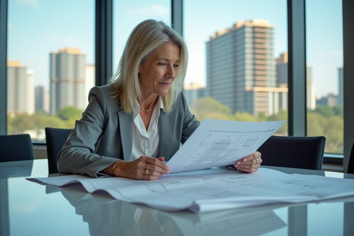 Femme architecte examinant des plans dans un bureau moderne