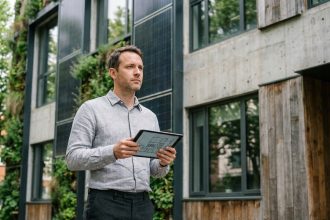 Architecte analysant les performances environnementales d'un bâtiment tertiaire équipé de panneaux solaires et mur végétal