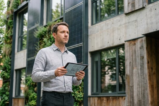 Architecte analysant les performances environnementales d'un bâtiment tertiaire équipé de panneaux solaires et mur végétal