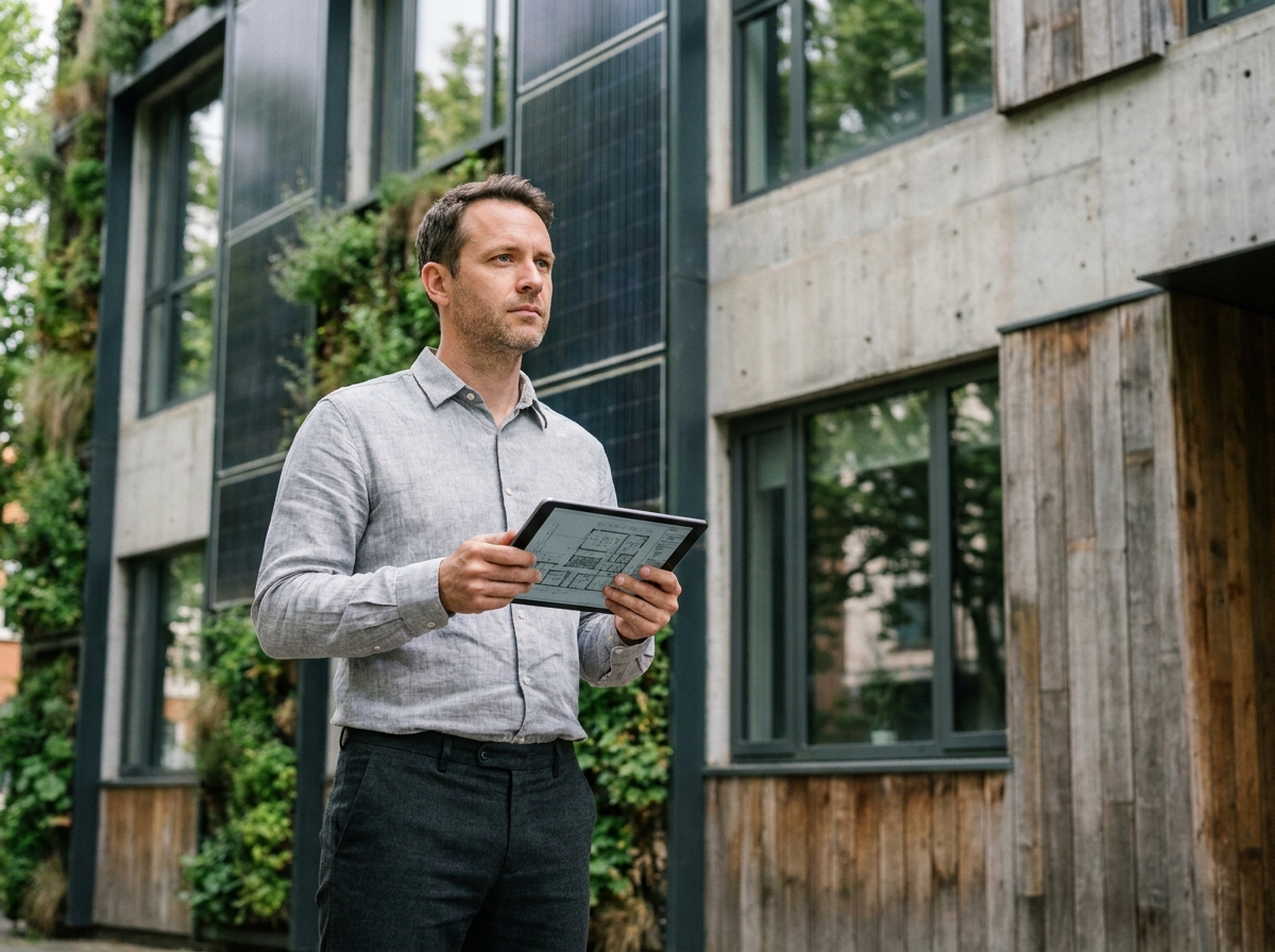 Architecte analysant les performances environnementales d'un bâtiment tertiaire équipé de panneaux solaires et mur végétal