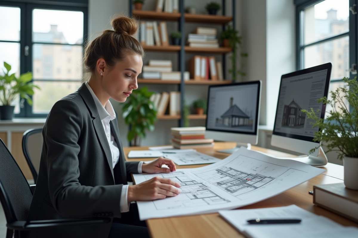 Jeune architecte étudiant des plans de rénovation au bureau