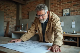 Artisan rénovateur examinant des plans de travaux dans une cuisine en cours de rénovation