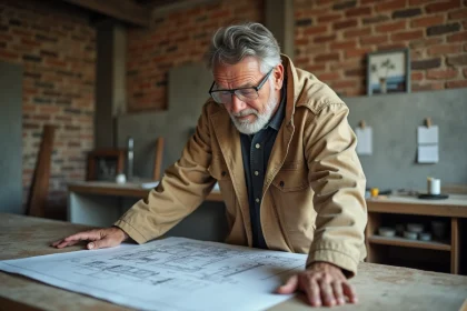 Artisan rénovateur examinant des plans de travaux dans une cuisine en cours de rénovation
